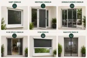 Sineklik Modelleri Sineklik modelleri; sabit sineklik, menteşeli sineklik, sürgülü sineklik, plise sineklik, stor sineklik ve manyetik sineklik çeşitlerini gösteren görsel.