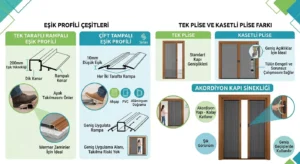 Pliseli sineklik modelleri ve özelliklerini karşılaştıran teknik detay grafiğinde, sol tarafta tek taraflı ve çift rampalı eşik profili çeşitleri, sağ tarafta ise tek plise, kasetli plise ve akordiyon kapı sinekliği modellerinin uygulama alanları ile temel avantajları Türkçe açıklamalar ve teknik çizimlerle birlikte gösterilmektedir.