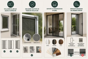 Sineklik Modelleri Sineklik modelleri için doğru seçimde kullanım alanı, alüminyum profil, fiberglass tül, temizlik kolaylığı ve estetik uyumu karşılaştıran görsel.