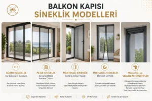 Balkon Kapısı Sineklik Modelleri: Doğru Seçim Rehberi Balkon kapısı sineklik modelleri arasında sürme, plise, menteşeli, mıknatıslı ve vidasız sineklik seçeneklerini gösteren modern tasarım görseli.