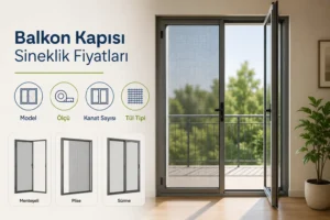 Balkon Kapısı Sineklik Modelleri: Doğru Seçim Rehberi Balkon kapısı sineklik fiyatlarını etkileyen model, ölçü, kanat sayısı ve tül tipini anlatan; modern bir balkona açılan antrasit çerçeveli menteşeli sineklik kapısının yer aldığı, farklı sineklik modellerinin sade ikonlarla gösterildiği bilgilendirici görsel.