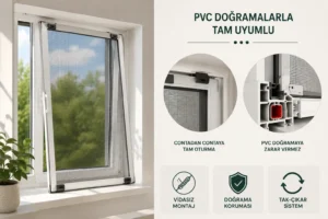 İçten Takmalı Sineklik: Kimler İçin İdeal? (PVC/Pimapen Uyumu) İçten takmalı sineklik, PVC ve pimapen pencerelere vidasız monte edilen, contadan contaya tam uyum sağlayan tak-çıkar sineklik sistemini gösteren görsel.