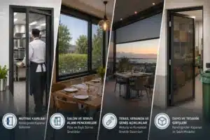 Restoran Sineklik Sistemleri: Kafe ve Gıda İşletmeleri İçin Hijyen Rehberi Restoran sineklik sistemleri, mutfak kapıları, servis alanı pencereleri, teras ve veranda açıklıkları ile depo girişleri için kullanılan farklı sineklik çözümlerini tek görselde gösteren, gıda işletmelerine özel profesyonel sineklik uygulamalarını anlatan görsel.