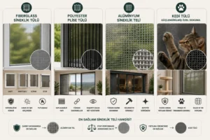 Sineklik Teli ve Tül Çeşitleri: Hangisi Daha Sağlam? Sineklik teli çeşitleri arasında fiberglass, polyester plise, alüminyum ve kedi tülü seçeneklerini karşılaştıran bilgilendirici görsel.