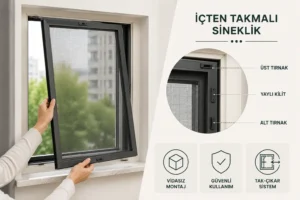 İçten Takmalı Sineklik: Kimler İçin İdeal? (PVC/Pimapen Uyumu) İçten takmalı sineklik, vidasız tak-çıkar montaj sistemi, yaylı kilit mekanizması ve pencere contalarına tam oturan alüminyum çerçeveli sineklik uygulamasını gösteren görsel.