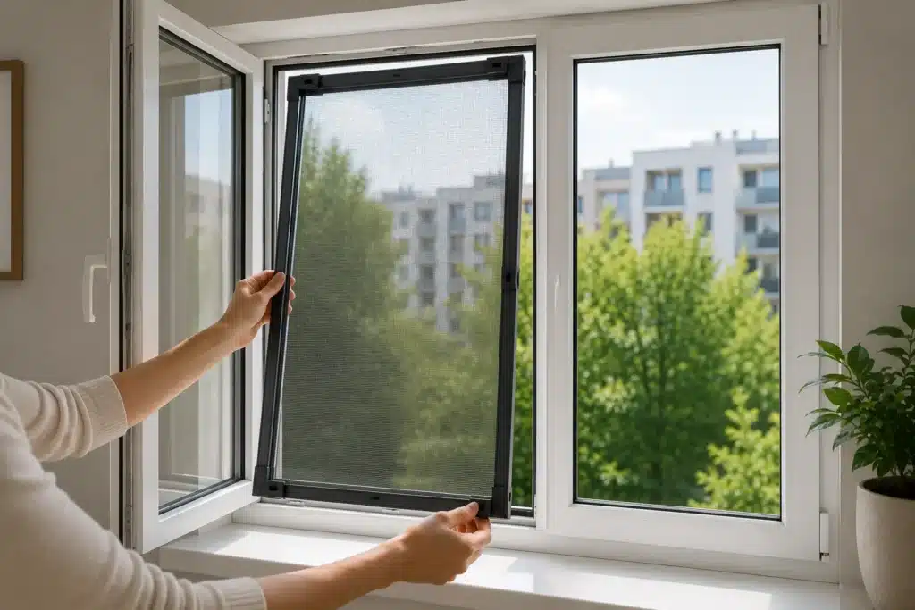 İçten takmalı sineklik montajını, açılmış PVC pencere üzerinde vidasız tak-çıkar sistemin uygulanışını ve ölçüye özel alüminyum çerçeveli sinekliği gösteren profesyonel uygulama görseli.
