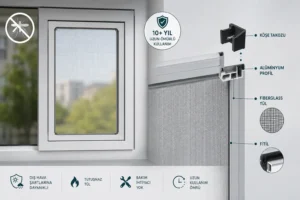 Sabit Sineklik (Pencere Sinekliği) Nedir? Avantajları ve Kullanım Alanları Sabit sineklik modeli, alüminyum profil ve fiberglass tül yapısıyla pencereye monte edilmiş dayanıklı pencere sinekliği örneği.