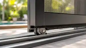 Sürme Sineklik (Raylı Sistem) Nedir? Kullanım ve Bakım Rehberi Sürme sineklik alt rayı içindeki rulmanlı tekerlek ve fırça fitil yakın çekim