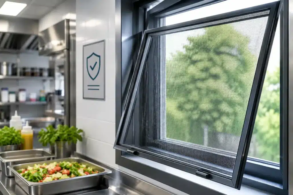 Restoran sineklik sistemleri, gıda üretim alanında dış ortama açılan pencereye monte edilmiş çıkarılabilir sineklik uygulamasını ve hijyen standartlarını destekleyen modern endüstriyel mutfak ortamını gösteren görsel.