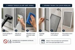 Sabit Sineklik (Pencere Sinekliği) Nedir? Avantajları ve Kullanım Alanları Sabit sineklik temizliği, klasik ve tak-çıkar modellerde fırçalı süpürge, sabunlu su ve mikrofiber bez kullanılarak yapılan bakım adımları.