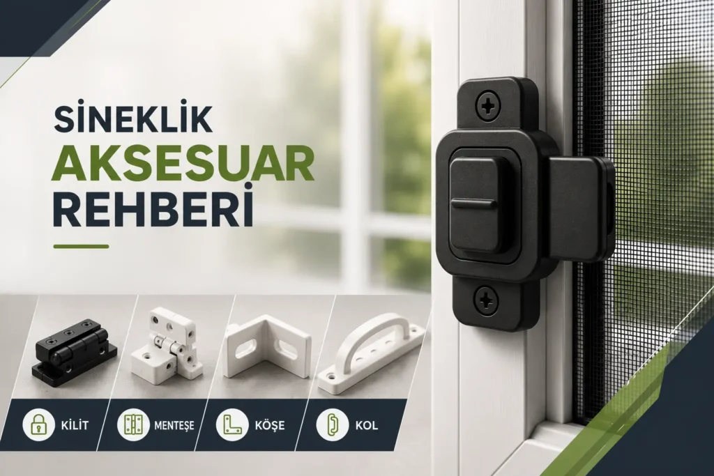 Sineklik kilidi, menteşe, köşe bağlantısı ve sineklik kolunun yer aldığı, beyaz pencere sinekliği üzerinde siyah kilit mekanizmasını öne çıkaran modern blog kapak görseli.