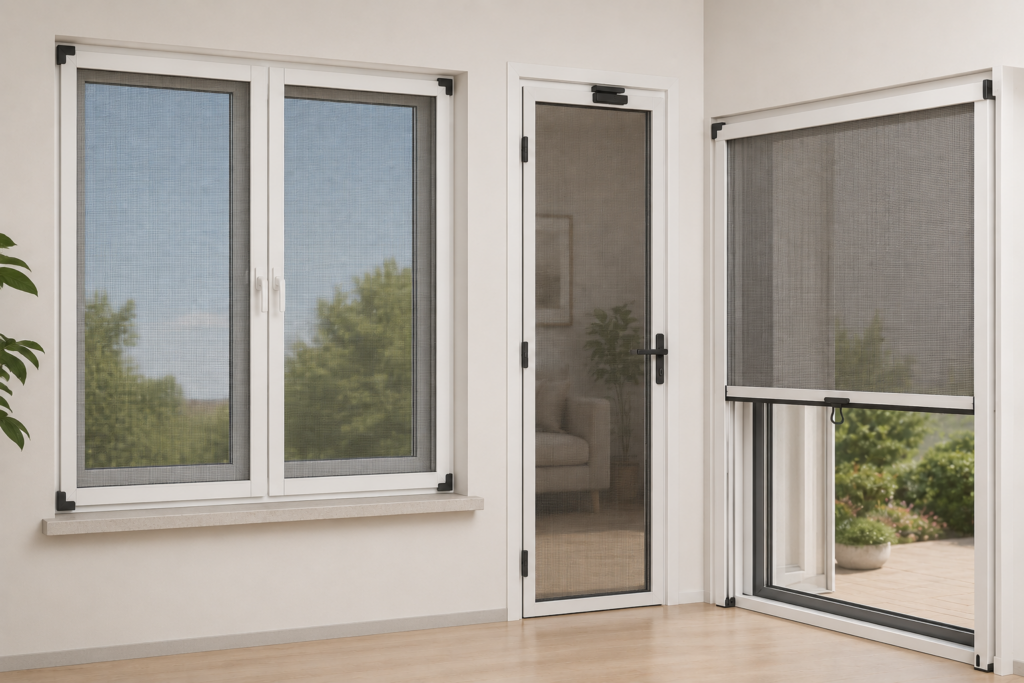 Vidasız sineklik sistemlerinin farklı uygulama seçeneklerini gösteren, PVC pencere ve kapıya delme işlemi yapılmadan monte edilmiş portatif, plise ve otomatik sineklik modellerinin modern iç mekânda yan yana sergilendiği görsel.