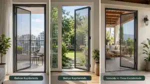 Menteşeli Kapı Sinekliği: Kendiliğinden Kapanan Konfor Menteşeli kapı sinekliği kullanım alanları; balkon kapısı, bahçe kapısı ve veranda-teras geçişlerinde kullanılan açılır sineklik sistemleri.