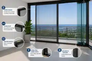 Cam Balkon Sinekliği: Katlanır Sistemlerle Tam Uyum Cam balkon sineklik montajı; plise sinekliğin doğru konumu, ölçü alma, montaj hizalaması ve katlanır çalışma prensibini gösteren uygulama görseli.