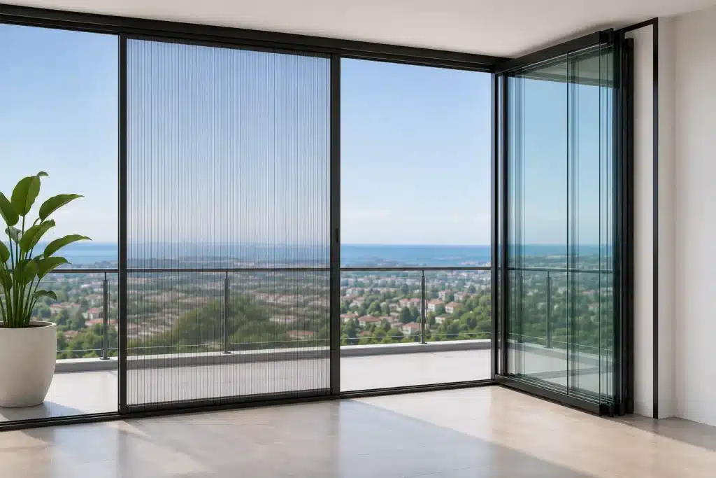 Cam balkon için plise sineklik uygulaması; katlanır cam sistemiyle uyumlu, yana toplanabilen modern sineklik modeli.