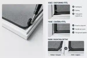 Sineklik Tülü Değişimi: Ne Zaman Gerekir, Nasıl Yapılır? Sineklik tülü değişiminde fitilin önemini gösteren görsel; eski ve deforme fitil ile yeni ve doğru fitilin tülü profile sabitleme farkı karşılaştırılıyor.