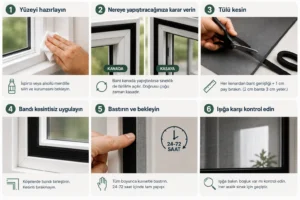Hazır Sineklik mi Ölçüye Özel Sineklik mi? Karşılaştırmalı Rehber Hazır sineklik montajını altı adımda gösteren görsel; yüzeyi temizleme, bandın yerini belirleme, tülü kesme, bandı kesintisiz uygulama, bastırıp bekleme ve ışığa karşı boşluk kontrolü aşamalarını gösteriyor.