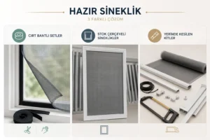 Hazır Sineklik mi Ölçüye Özel Sineklik mi? Karşılaştırmalı Rehber Hazır sineklik türlerini karşılaştıran görsel; cırt bantlı tül seti, stok ölçülerde üretilmiş çerçeveli sineklik ve kullanıcının ölçüsüne göre kesebildiği alüminyum profilli sineklik kiti yan yana gösteriliyor.