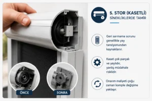 Stor sineklik tamiri, kaset içerisindeki yay ve sarma mekanizmasının kontrolünü gerektirir. Yay tansiyonu, mekanizma ve hareketli parçalar doğru şekilde değerlendirilerek tamir veya komple değişim için en uygun çözüm belirlenir.