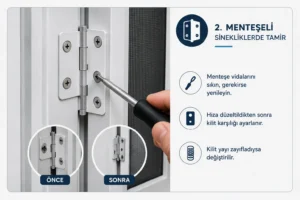 Menteşeli sineklik tamiri, gevşeyen menteşe vidalarının sıkılması ve kanat hizasının düzeltilmesiyle yapılır. Gerekli durumlarda kilit karşılığı yeniden ayarlanır, yıpranan menteşe veya kilit yayı değiştirilerek sistem ilk günkü performansına yaklaştırılır.