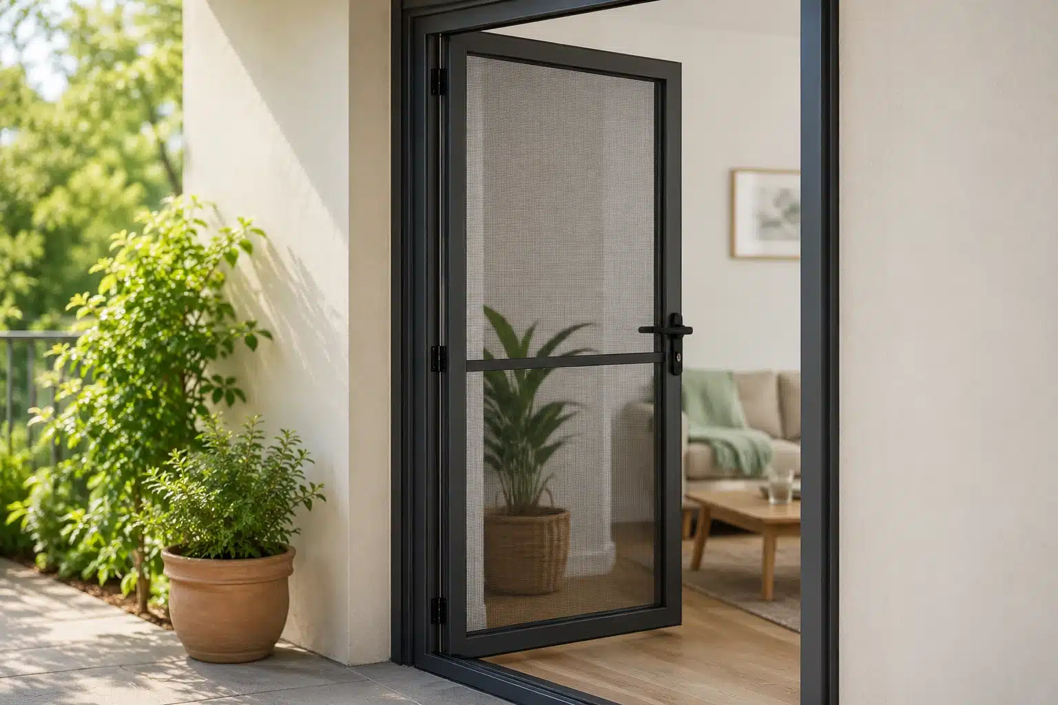 Menteşeli kapı sinekliği ile balkon ve bahçe geçişlerinde pratik kullanım sağlayan, açılır kanatlı modern sineklik sistemi.