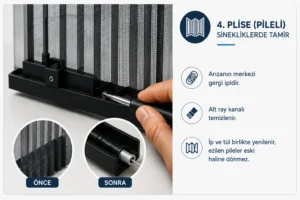 Plise sineklik tamiri, gergi ipi ve mekanizmanın kontrolüyle gerçekleştirilir. Alt ray temizliği düzenli yapıldığında sistem daha uzun ömürlü olur; aşınmış ip ve tül ise birlikte değiştirilerek sağlıklı çalışma korunur.