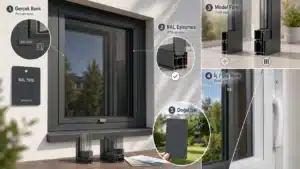Antrasit sineklik rengi seçerken dikkat edilmesi gerekenler; RAL 7016 renk eşleşmesi, profil modeli, iç-dış pencere rengi ve doğal ışıkta numune kontrolünü gösteren bilgilendirici görsel.
