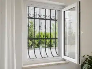 Panjurlu ve Ferforjeli Pencereye Sineklik Takılır mı? panjurlu evde sineklik veya Ferforjeli pencereye sineklik uygulamasını gösteren görsel; beyaz açılır pencerenin iç kısmına monte edilmiş içten takmalı sineklik ve dış tarafta siyah ferforje korkuluk birlikte görülüyor.