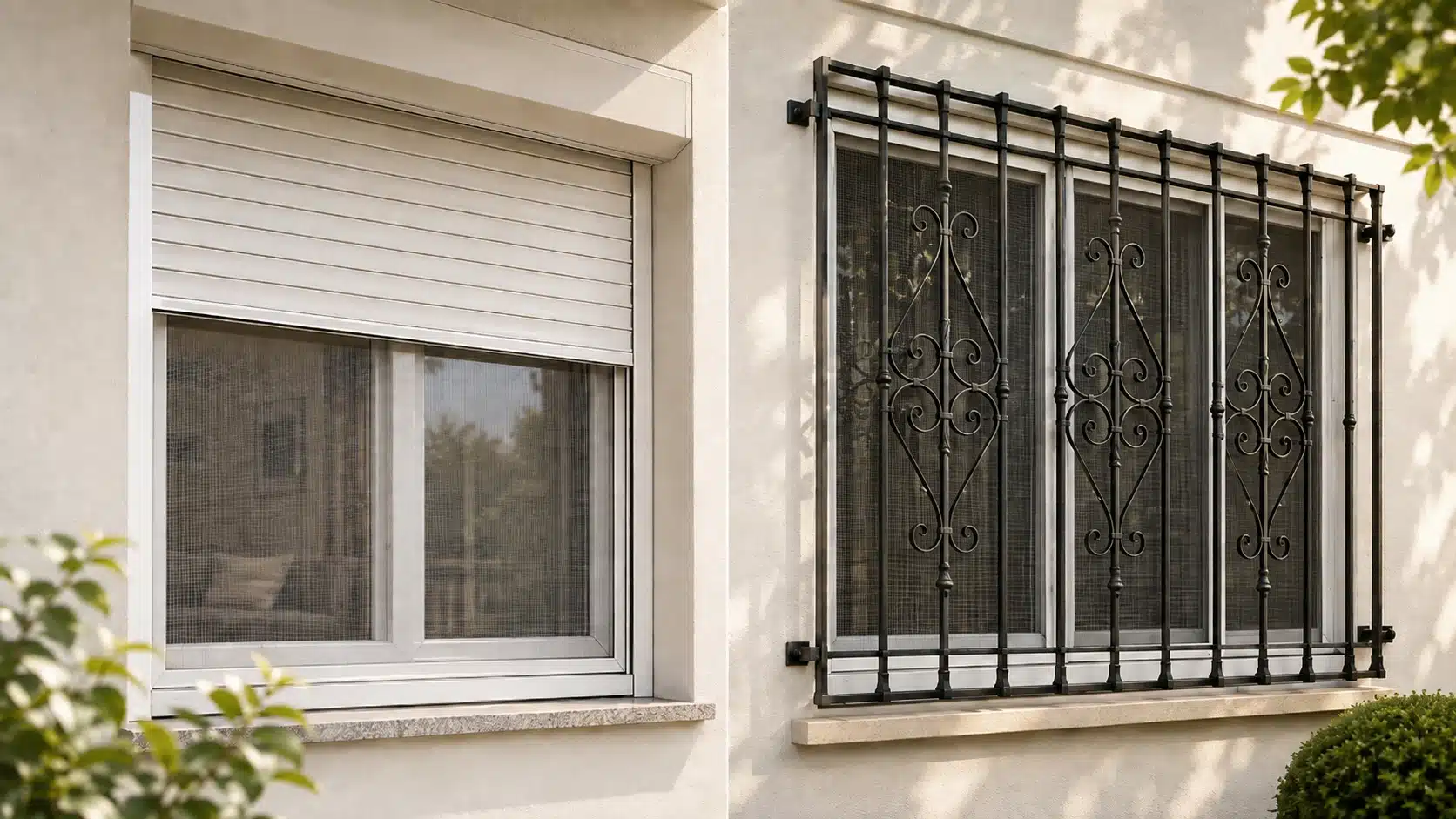 Panjurlu pencereye sineklik ve ferforjeli pencereye sineklik uygulamasını gösteren, panjur ve demir korkulukla birlikte kullanılan sineklik sistemleri.