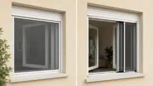 Panjurlu ve Ferforjeli Pencereye Sineklik Takılır mı? panjurlu pencereye sineklik Sabit mi, açılır kapanır mı sorusunu karşılaştırmalı olarak gösteren görsel; solda panjurlu pencerede sabit sineklik, sağda ise açılıp kapanabilen içten takmalı sineklik sistemi yer alıyor.