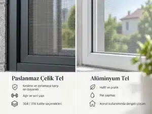 Çelik Sineklik Nedir? Paslanmaz Tel ile Alüminyum Karşılaştırması Çelik sineklik, paslanmaz çelik tel ve alüminyum tel seçeneklerinin dayanıklılık, ağırlık, kullanım alanı ve malzeme özellikleri açısından karşılaştırıldığı görsel.