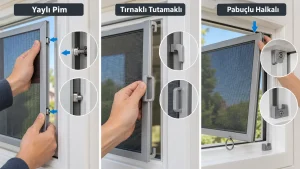 Sabit Sineklik Nasıl Takılır? Pimli, Tırnaklı ve Pabuçlu Montaj Sabit sineklik nasıl takılır? Yaylı pim, tırnaklı tutamak ve pabuçlu halkalı sabit sineklik montaj yöntemlerini gösteren karşılaştırmalı görsel.