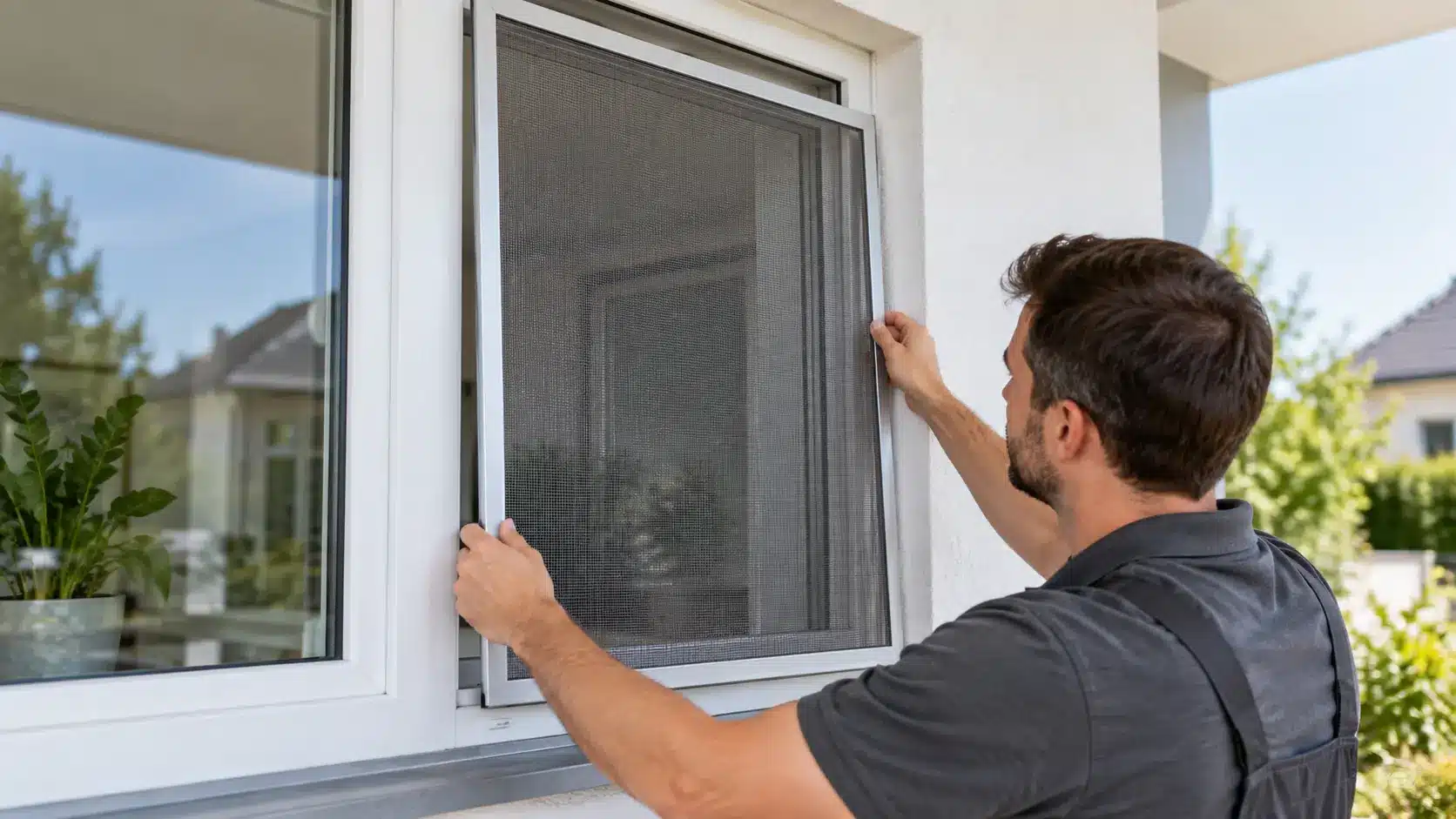 Sabit sineklik nasıl takılır? Pencere doğramasına sabit sineklik montajı yapan kişi.