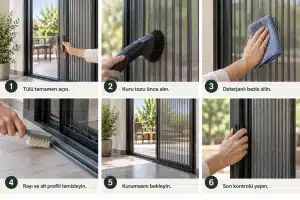 Plise Sineklik Nasıl Temizlenir? Adım Adım Bakım Rehberi Plise sineklik nasıl temizlenir sürecini gösteren altı adımlı görsel: tülü tamamen açma, kuru tozu alma, nemli bezle silme, ray ve alt profili temizleme, kurumasını bekleme ve son kontrol.
