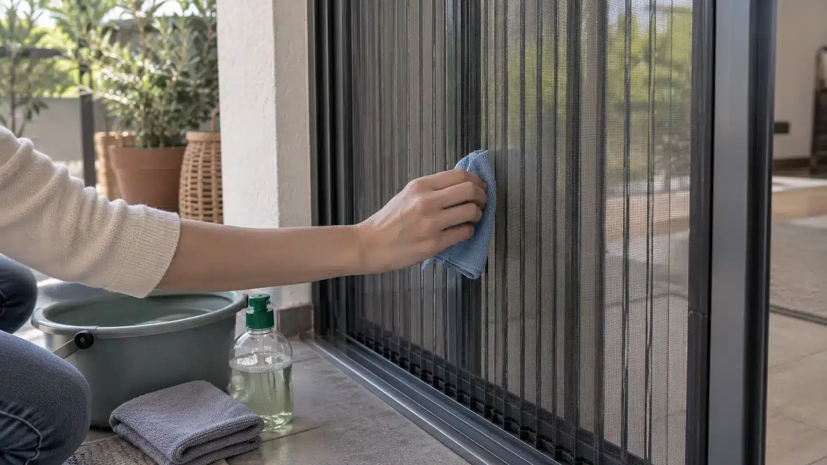 Plise sineklik nasıl temizlenir sorusuna uygun olarak, mikrofiber bez ve ılık suyla nazikçe temizlenen plise sineklik.