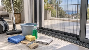 Plise Sineklik Nasıl Temizlenir? Adım Adım Bakım Rehberi Plise sineklik nasıl temizlenir sorusuna uygun olarak, açık konumdaki plise sineklik yanında mikrofiber bez, yumuşak sünger, geniş yumuşak uçlu fırça, ılık su dolu kova, sıvı bulaşık deterjanı, elektrikli süpürge ve kuru bezin bir arada gösterildiği temizlik hazırlığı.
