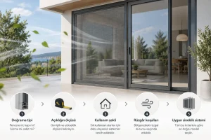 Rüzgara Dayanıklı Sineklik Nasıl Seçilir? Rüzgara dayanıklı sineklik seçiminde doğrama tipi, açıklık ölçüsü, kullanım şekli ve rüzgâr koşullarını gösteren görsel.