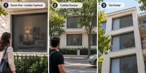 Sineklikten İçerisi Gözükür mü? Görünürlük Rehberi Sineklikten içerisi gözükür mü sorusunu anlatan; zemin kat, cadde karşısı ve üst katlarda dışarıdan içeriye görüş farkını gösteren karşılaştırmalı sineklik görseli.