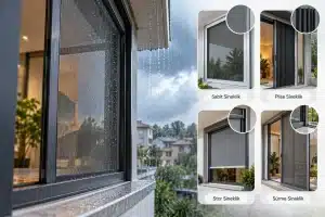Sineklik Yağmur Geçirir mi? Su, Rüzgâr ve Güneşe Karşı Ne Yapar? Sineklik yağmur geçirir mi sorusunu açıklayan, yağışlı bölgelerde sabit, plise, stor ve sürme sineklik seçeneklerini gösteren karşılaştırmalı görsel.