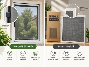 Portatif Sineklik Nedir? Tutunma Yöntemleri ve Seçim Rehberi Portatif sineklik ile standart ölçülerde satılan hazır sineklik arasındaki farkları; montaj, sökülüp takılabilme ve ölçüye özel üretim açısından karşılaştıran görsel.