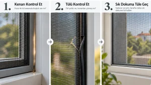 Tatarcık Sineklikten Geçer mi? Mikro Gözenekli Tül Rehberi Tatarcık sineklikten geçer mi sorusuna yönelik, sineklik kenar boşluğu kontrolü, tülün sağlamlığının incelenmesi ve sık dokuma tül kullanımını üç adımda gösteren bilgilendirici görsel.