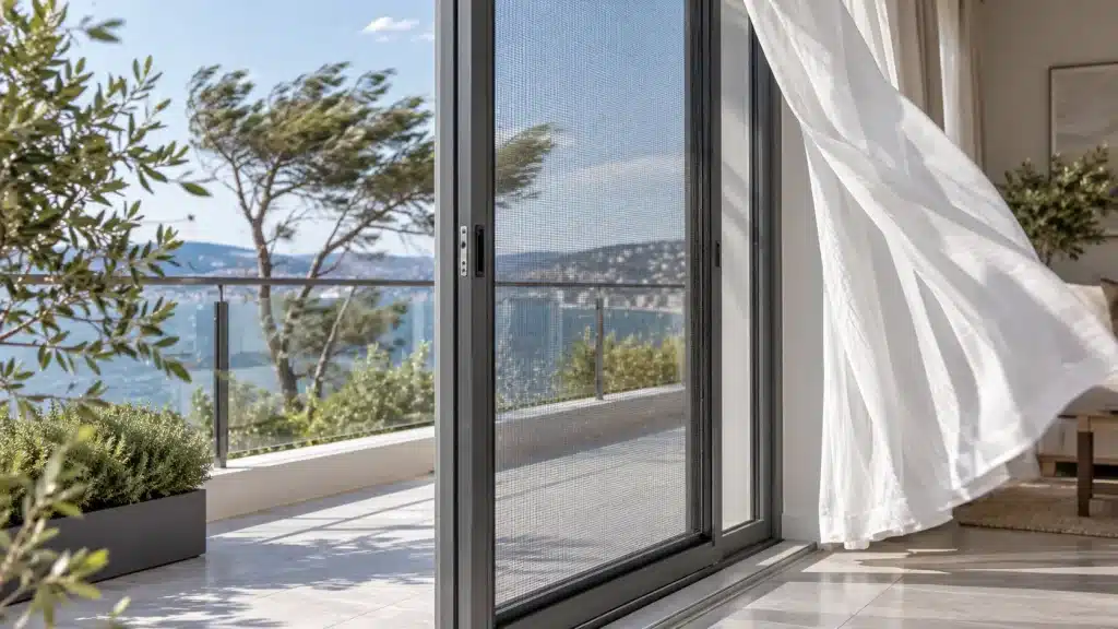Rüzgara dayanıklı sineklik bulunan modern balkon kapısında, rüzgârlı havada sabit kalan sineklik sistemi.