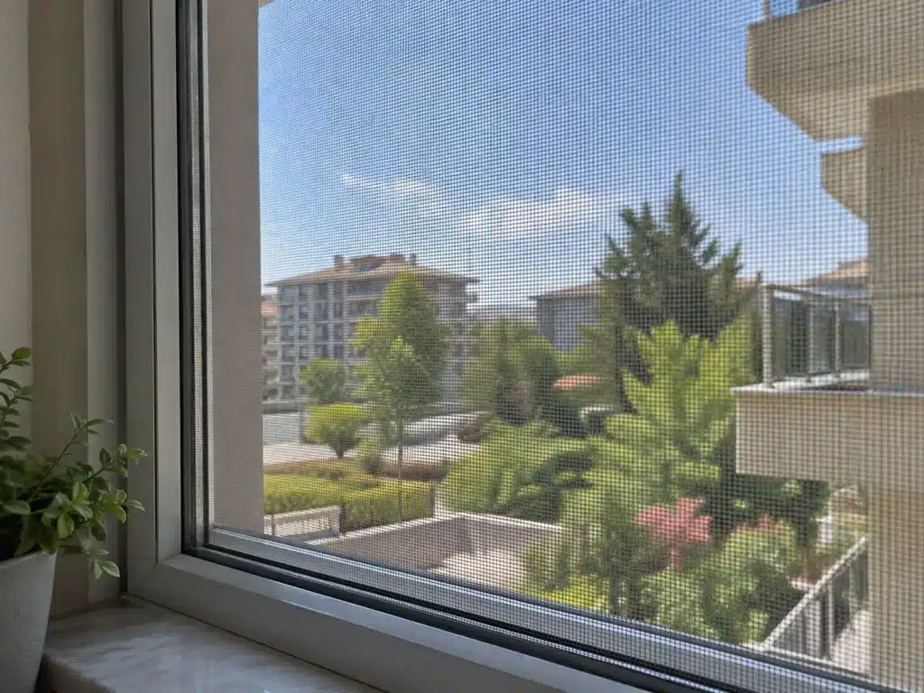 Sineklikten içerisi gözükür mü sorusunu anlatan, gündüz ışığında pencere tülü arkasından dışarı bakışı gösteren sineklik görünümü.
