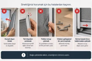 Sineklik nasıl çıkarılır: Sökme sırasında kanadı dışarı itme, tek köşeden zorlama, tülü çekme, vidaları düzensiz bırakma ve sürme kanadı kaldırmadan çekme gibi yaygın hataları gösteren bilgilendirici görsel.