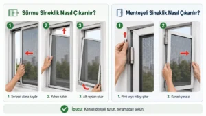 Sineklik nasıl çıkarılır: Sürme sineklikte kanadın serbest alana kaydırılıp yukarı kaldırılarak alt raydan çıkarılmasını, menteşeli sineklikte ise pim veya vidanın sökülüp kanadın yana alınmasını adım adım gösteren bilgilendirici görsel.