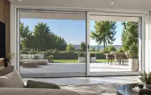 Rüzgara Dayanıklı Sineklik Nasıl Seçilir? Rüzgâra dayanıklı sineklik kullanılan geniş sürme kapı sistemi ve modern yaşam alanı.