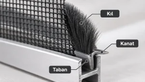  Sineklik fitili nasıl takılır konusunda kıl fitilin taban, kıl ve kanat bölümlerini alüminyum sineklik profili üzerinde gösteren teknik detay görseli.