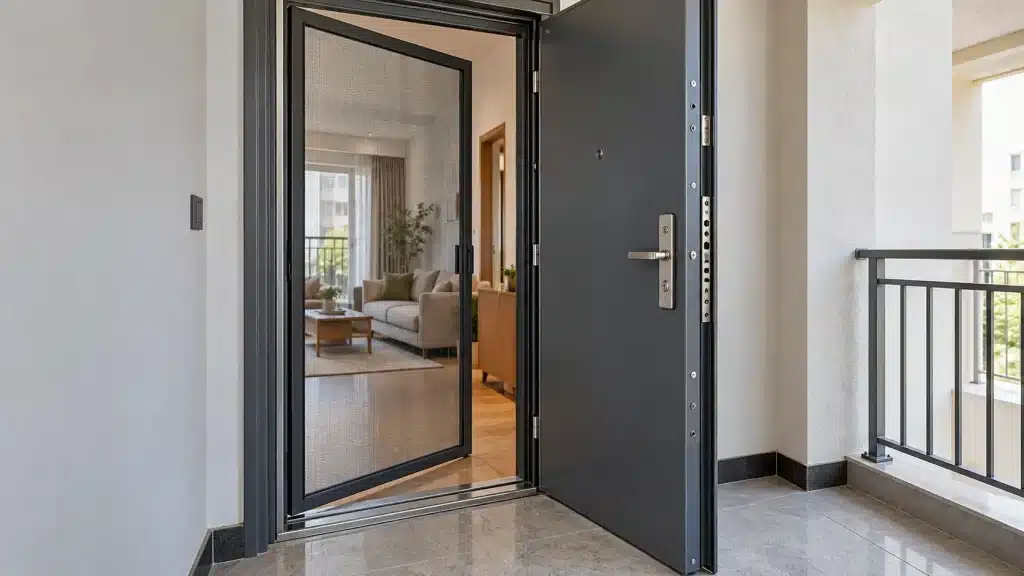 Çelik kapıya sineklik uygulaması, apartman dairesinin girişinde çelik kapıdan bağımsız monte edilmiş, antrasit çerçeveli menteşeli sineklik kapısı.