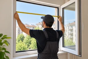 Sineklik yaptırma sürecinde uzman personelin, sineklik montajı öncesinde açık pencerenin genişliğini şerit metreyle ölçerek ölçüye özel üretim için hazırlık yapması.