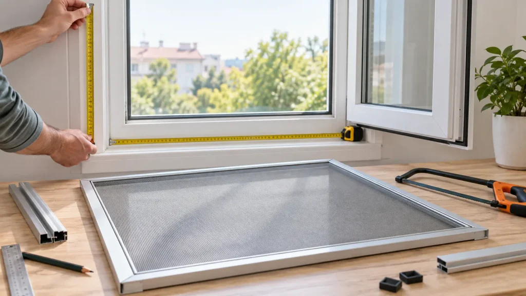 Sineklik nasıl küçültülür sorusuna yönelik pencere iç ölçüsünün mezura ile alındığı, alüminyum sineklik profillerinin ve kesim aletlerinin hazırlandığı sineklik ölçülendirme işlemi.